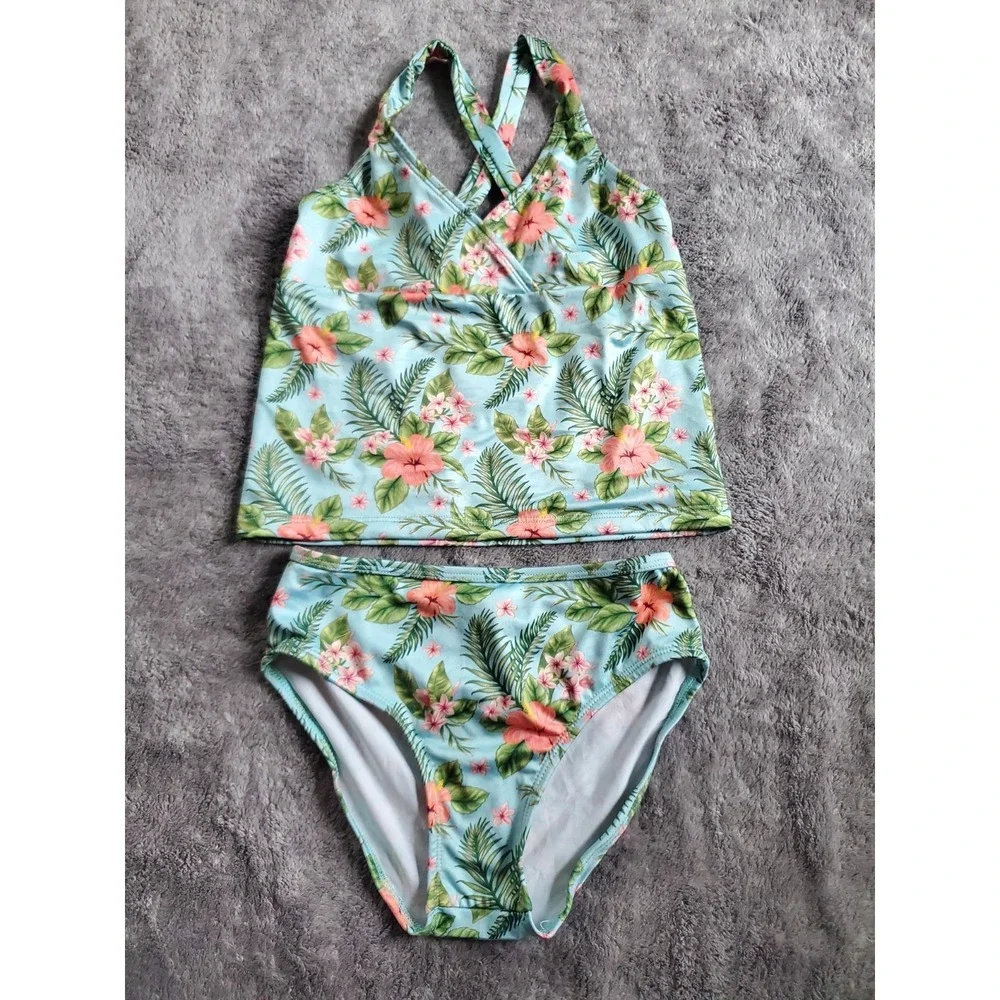 Bobbie Brooks Girls 2 piece Tropical Swim Suit Shirt Briefs L 10 12 Green Mint